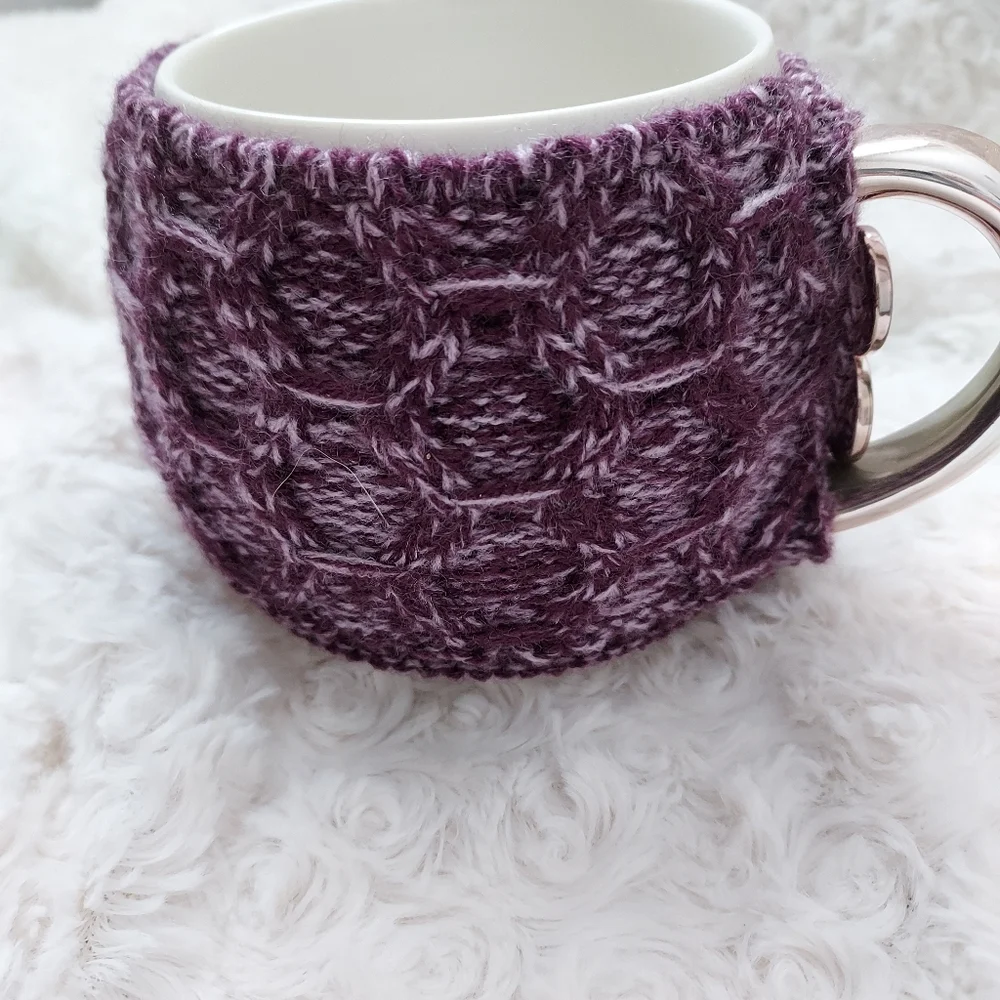 Big Coffee Tea Hot Chocolate Cup with Purple knitted coozie Winter Chalet Cozy